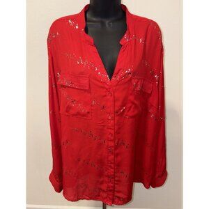 Notations Women 3X Blouse Button Front Red Bling Roll Tab Long Sleeves